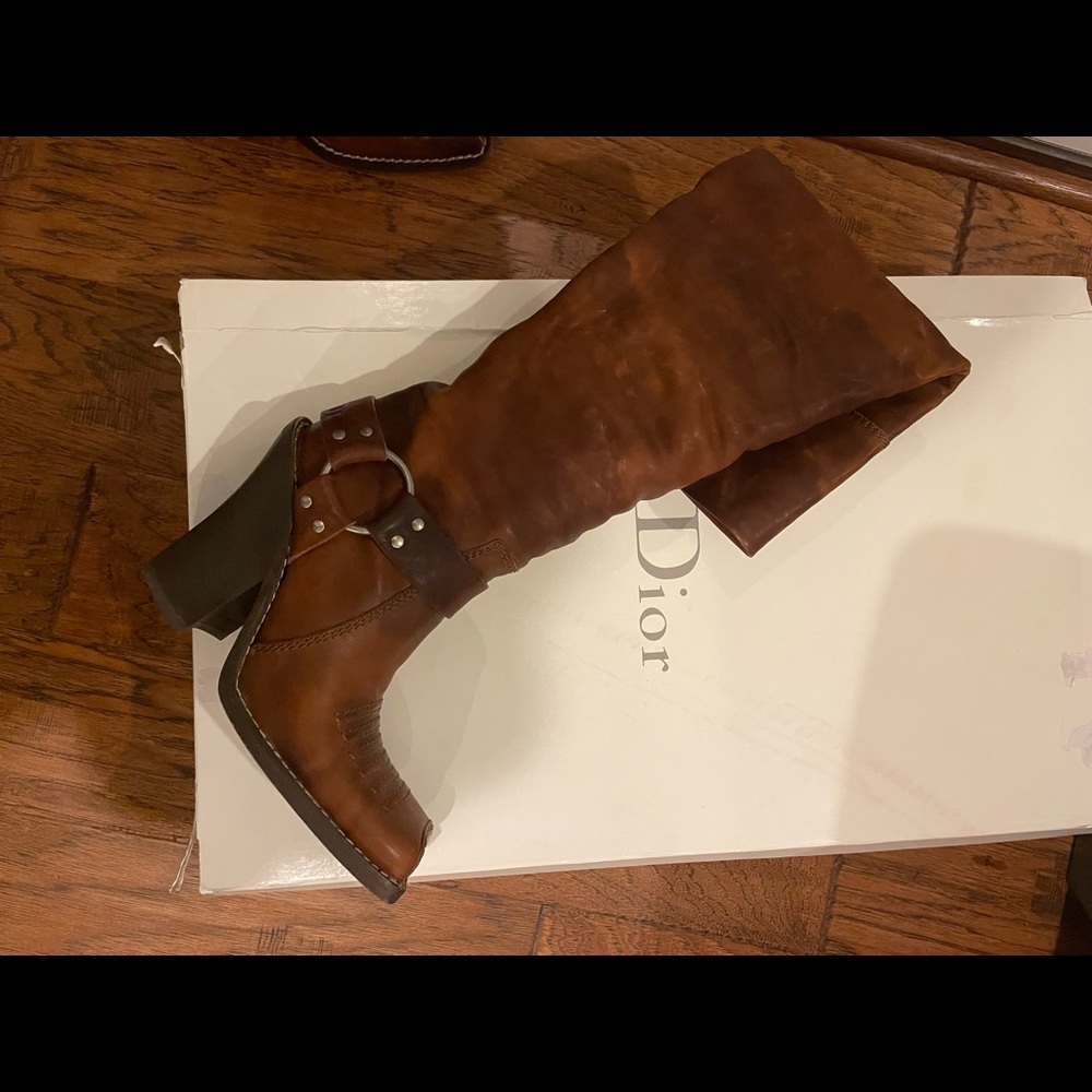 Dior Brown Cowboy Over Knee Thigh High Leather Distressed Cowboy Boots